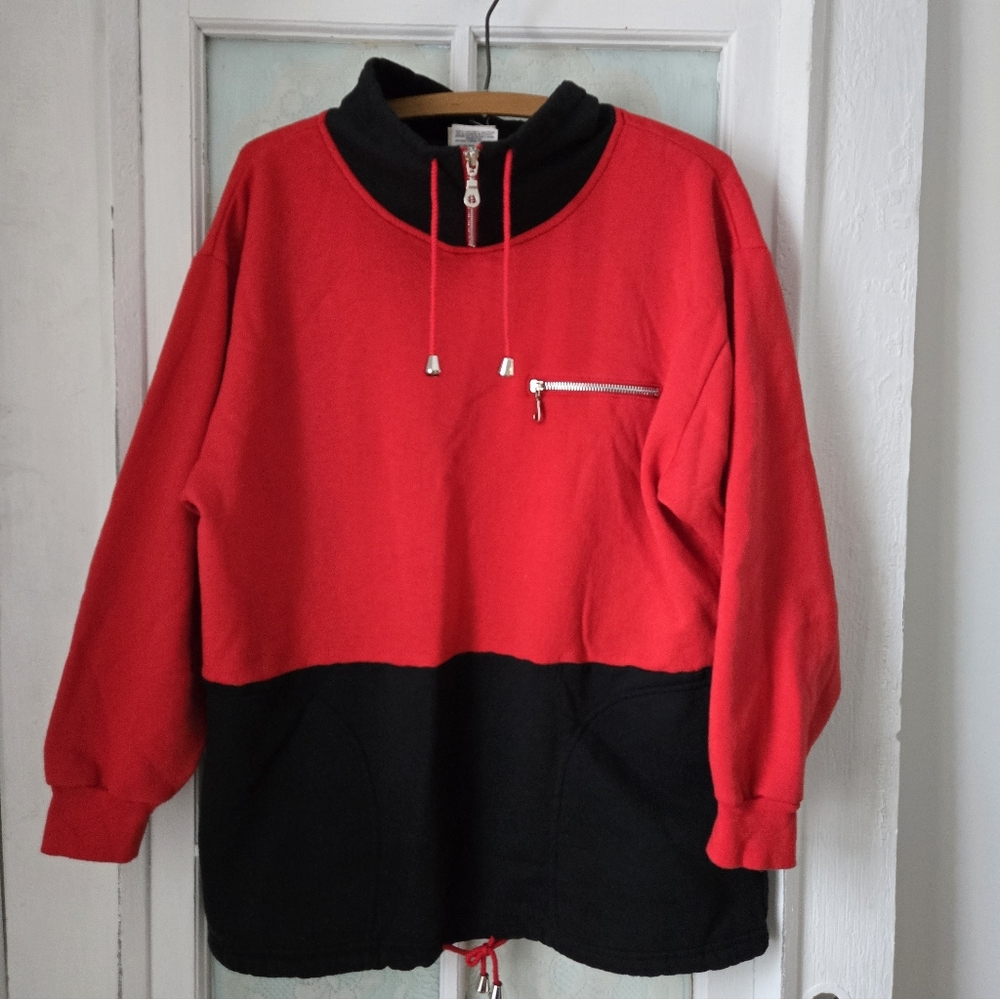 R&R Vintage Red Black Fleece Colorblock Pullover Women’s 34 Unisex Fit